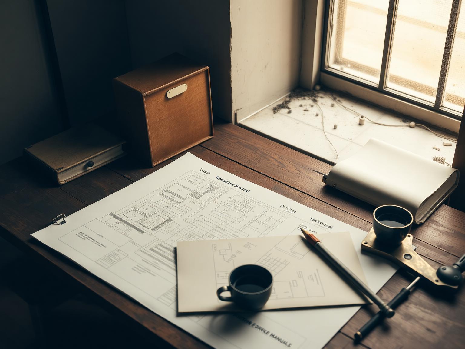 Espacio de trabajo industrial con planos y documentos